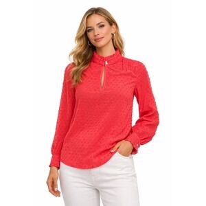 J.Crew Swiss Dot Blouse 0 Pink Ruffle Mock Neck Keyhole Career Preppy Romantic